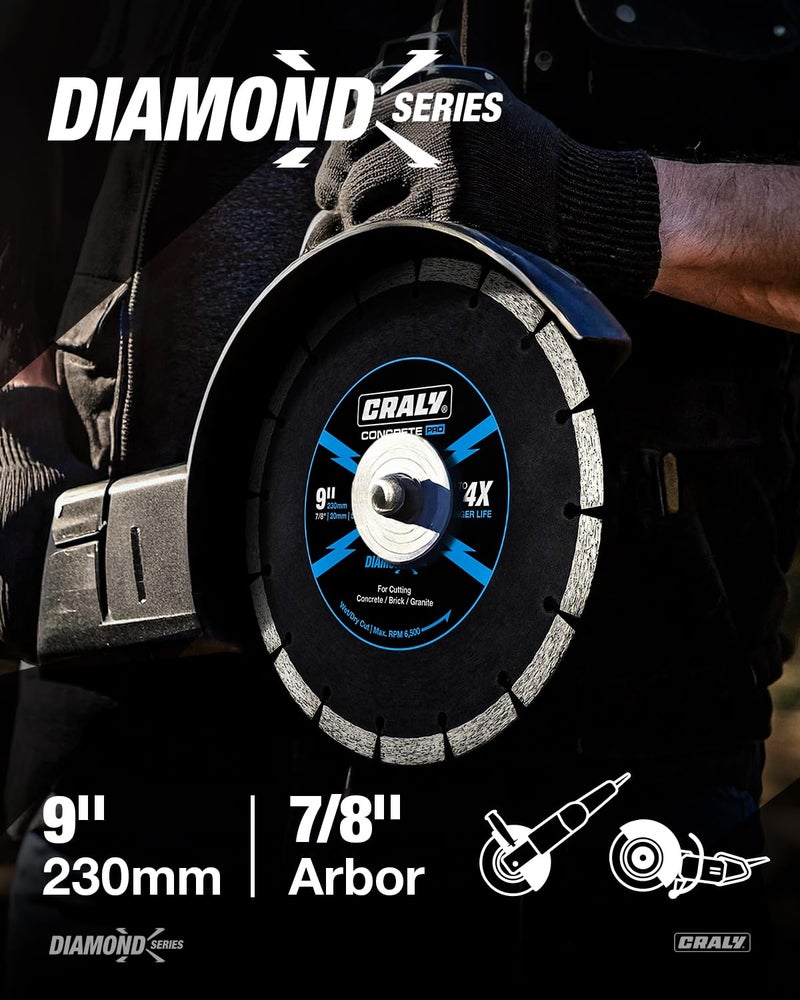 CRALY 9 Inch Super Thin Segmented Diamond Blade, 7/8 in Arbor, 9'' Diamond Stone Blade for Angle Grinder & Masonry Saw, Diamond Cutting Wheel for Cutting Concrete, Brick, Granite, Block, 2PC - Image 2